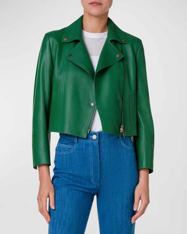 Perforated Nappa Leather Crop Biker Jacket